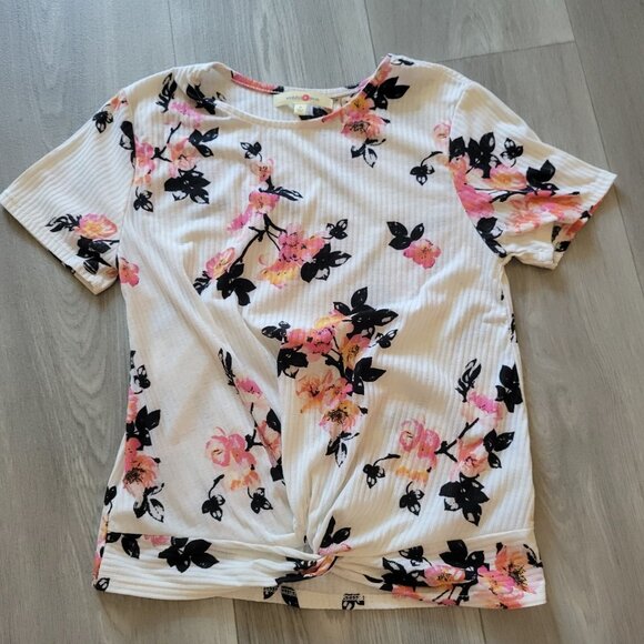 Wishful Park Floral Knot Front Ribbed Short Sleeve Top M Cotton/Polyester White - Picture 2 of 6
